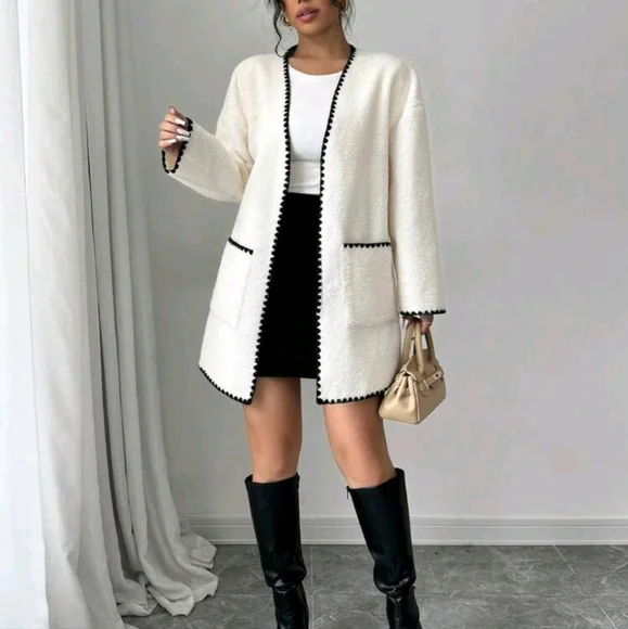 Women's Elegant Solid Color Contrast Trim V-Neck Jacket - Picture 3 of 4